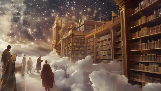 Ancient architectural bookshelves towering above the clouds in a mystical library high in the sky. Countless tomes fill the shelves as silhouettes of people walk through the aisles. 