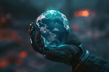 hightech cyborg hand holding futuristic holographic globe artificial intelligence concept - obrazy, fototapety, plakaty