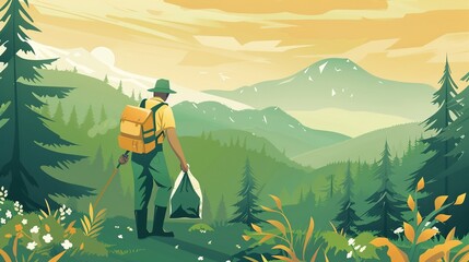 A forest ranger leading an Earth Day cleanup in the mountains, protecting nature - obrazy, fototapety, plakaty