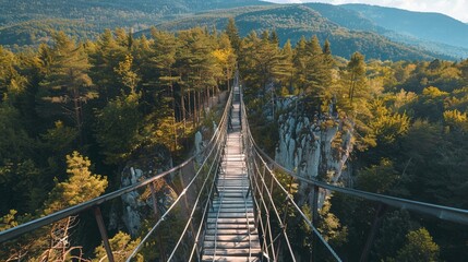 A forest canopy walk in the mountains, exploring biodiversity on Earth Day - obrazy, fototapety, plakaty