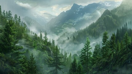 A misty morning in a mountain forest, a peaceful Earth Day scene - obrazy, fototapety, plakaty