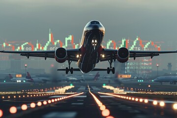 Animated of a plane taking off with a fluctuating stock ticker as the trail, dynamic and eye catching
