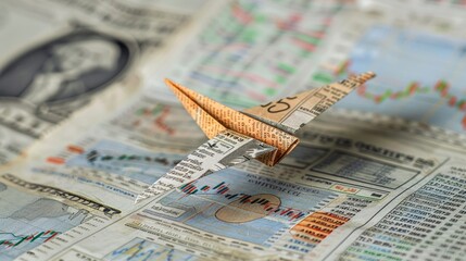Art piece featuring a paper airplane made from a stock market newspaper, symbolic and artistic