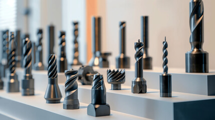 Display of industrial grade carbide drill bits and cutters Emphasis on its role in metalworking and precision manufacturing. - obrazy, fototapety, plakaty