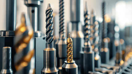 Display of industrial grade carbide drill bits and cutters Emphasis on its role in metalworking and precision manufacturing. - obrazy, fototapety, plakaty