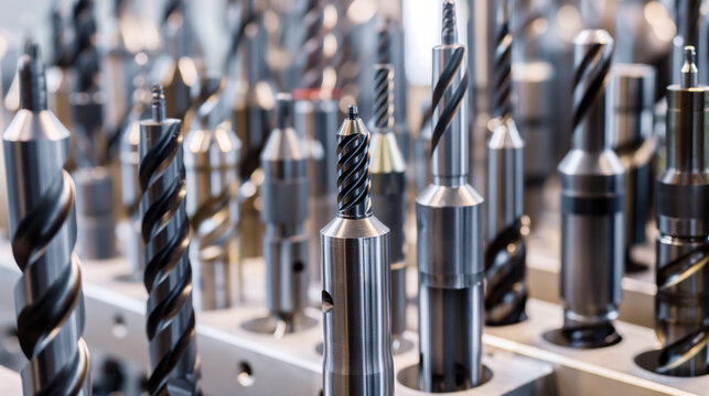 Display of industrial grade carbide drill bits and cutters Emphasis on its role in metalworking and precision manufacturing.