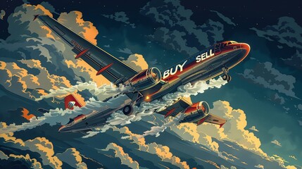 Editorial cartoon of a plane writing Buy and Sell in the sky with smoke, commenting on stock market volatility - obrazy, fototapety, plakaty