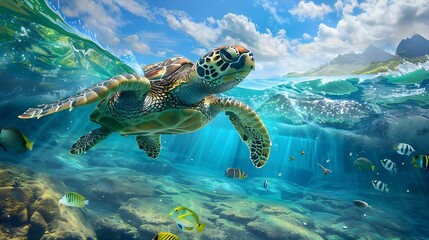 Obraz premium Creative unique oceans animal digital art. Sea turtle swimming blue green tropical water, beautiful underwater sea marine life cartoon background, fantasy surreal dreamy 3d render illustration.