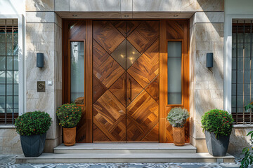 Wooden double door with geometric pattern and glass in the middle of luxury villa front view. Created with Ai