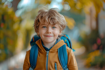Happy first grader boy goes to enrollment on his first day at school, a start into a new future. - obrazy, fototapety, plakaty