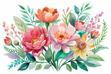 Watercolor painting with charming flowers adorning a white background - obrazy, fototapety, plakaty