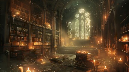 Ethereal Psychic Library with Floating Books and Turning Pages - obrazy, fototapety, plakaty