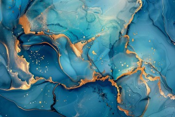 iridescent ink texture with gold mineral accents on blue background abstract marble pattern