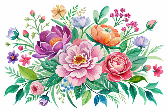 Charming watercolors of flowers bloom vividly on a pure white backdrop.