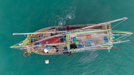 Fishing boat in the ocean for catching fish all a long night - at Thailand. Top view of Fishing...