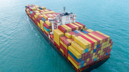 Stern of large cargo ship import export container box shipping for sales, on the ocean sea concept...