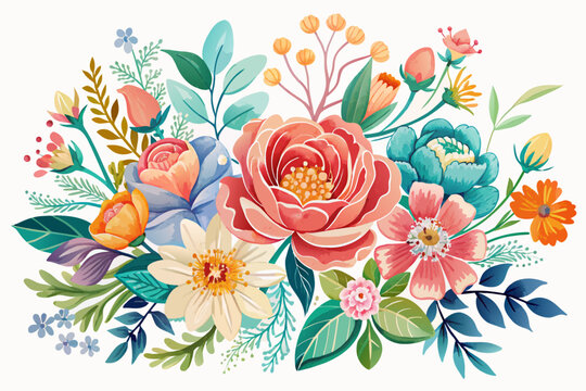 Watercolor painting featuring a bouquet of vibrant flowers set against a pristine white background.