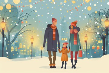 joyful interracial family walking in city street with christmas lights festive holiday illustration