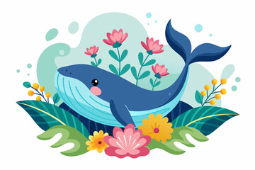 A charming whale adorned with vibrant flowers swims gracefully against a pure white backdrop.