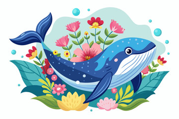 Charming whale animal adorned with flowers against a white backdrop.
