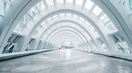 Futuristic station, geometric vaulted archway, streamlined pathway, bright daylight, high contrast, fisheye lens