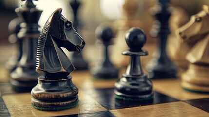 A close-up of a chessboard with chess pieces set up for a game, showcasing the classic black and white pieces.