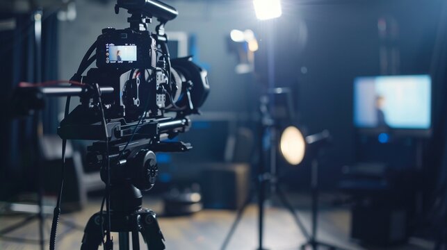 Minimalist video production, professional camera focused on interview setup, clean design, soft light, mid shot