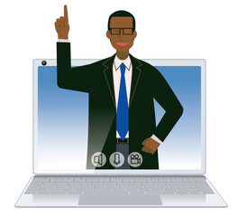 オンライン会議のイメージイラスト　フラットデザインの黒人男性のビジネスマン　指差しポーズ。ビデオ会議 - 785840402