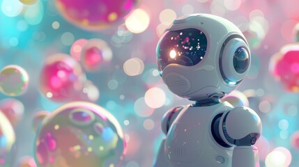 Fototapeta premium A cartoon character with a cute background is accompanied by an artificial intelligence robot