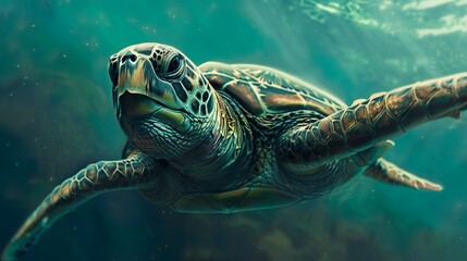 Fototapeta premium A close-up of a sea turtle swimming gracefully in the ocean, showcasing its streamlined shell and flippers.