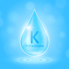 Water drop serum potassium minerals from nature on blue background. Collagen solution or vitamins complex essential. For ads cosmetics medical. Vector EPS10.