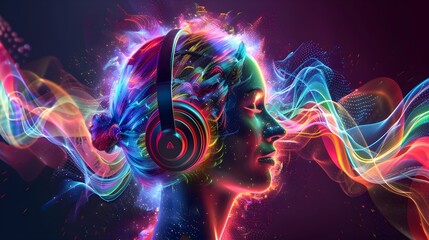 girl with headphones with waves of sound and emotion emanating from the headphones and surrounding...