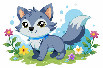 Charming cartoon wolves frolic amidst blooming flowers.