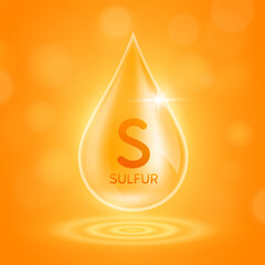 Water drop serum sulfur minerals from nature on orange background. Collagen solution or vitamins complex essential. For ads cosmetics medical. Vector EPS10.