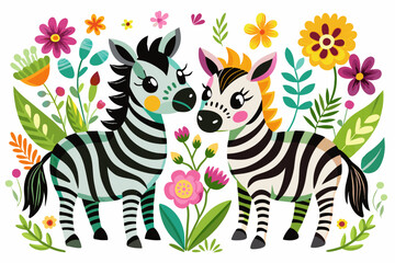 Charming zebras cartoon characters adorned with colorful flowers.
