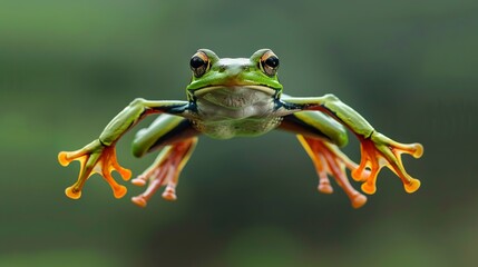 Naklejka premium A gliding frog in mid-air, captured in the moment of gliding, with its legs spread wide and skin stretched out.