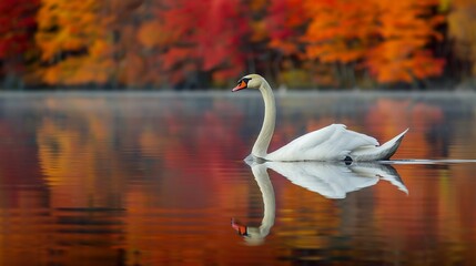 A graceful swan gliding across a calm lake, its reflection mirrored in the water, showcasing elegance and beauty.