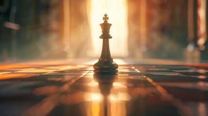 Leadership on the chessboard, queen front and center, soft backlight, serene mood