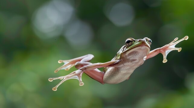 A gliding frog in mid-air, captured in the moment of gliding, with its legs spread wide and skin stretched out.