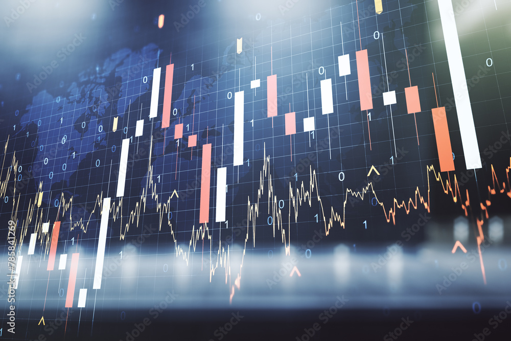 Poster multi exposure of virtual abstract financial graph hologram and world map on blurry contemporary off