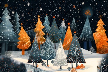 trees standing snow princess orange gradient festive siberia cute blue silver black local illumination warmly lit - obrazy, fototapety, plakaty