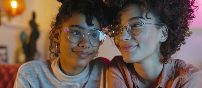 Two young ladies wearing glasses are happily posing and smiling for a photograph
