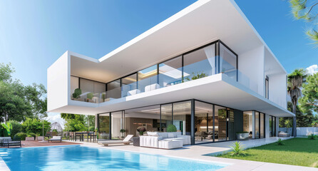 Modern house with a pool and terrace, large windows, white walls, wooden floor, gray concrete surfaces, blue sky in the background, green lawn near the swimming pool