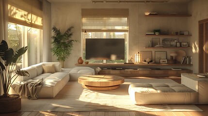  "Modern Japandi Living Room Design: Scandinavian Apartment with Plaster and Wood"