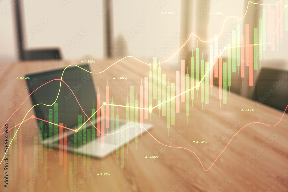 Poster multi exposure of abstract creative financial graph on modern computer background, forex and investm
