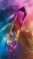 Aesthetic scene of a crystal with colorful distressed contrasts, conceptual angle, from above, ethereal effect,