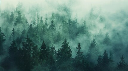 A misty forest shrouded in fog, with trees barely visible in the distance, creating a mysterious...