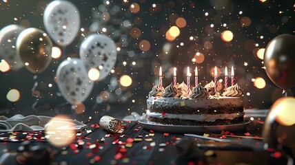 Fototapeta premium Colorful Balloons Boho Birthday Card with Cake