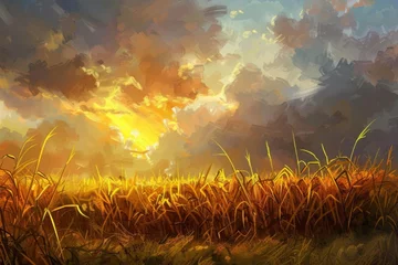 Wandcirkels tuinposter golden sugarcane field under dramatic cloudy sky at sunset agricultural landscape digital painting © Lucija