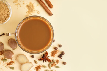 Glass cup of tasty masala tea with different spices on beige background